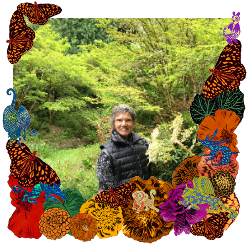 Photo of Charleen Hauser-Mahardy in a frame with marigolds, flowers, alebrijes and monarch butterflies.