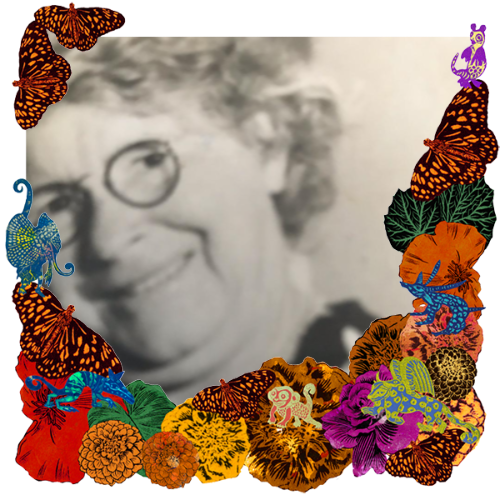 Photo of Christina McAllister in a frame with marigolds, flowers, alebrijes and monarch butterflies.