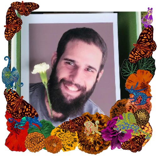 Photo of Christopher Nocerino in a frame with marigolds, flowers, alebrijes and monarch butterflies.