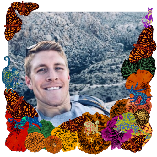 Photo of Christopher Thompson in a frame with marigolds, flowers, alebrijes and monarch butterflies.