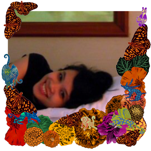 Photo of Cindy Fellicia Indiarto in a frame with marigolds, flowers, alebrijes and monarch butterflies.