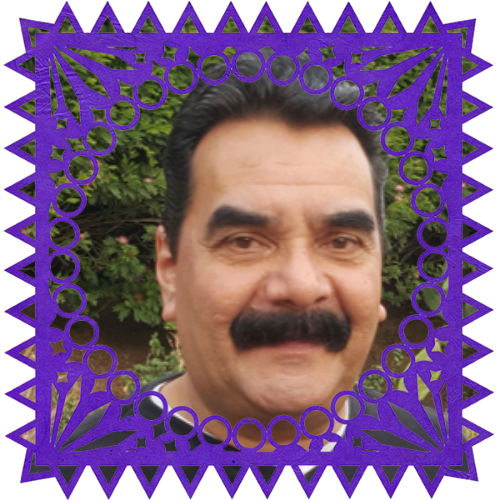 Photo of Cipriano Pedroza in a frame with papel picado.