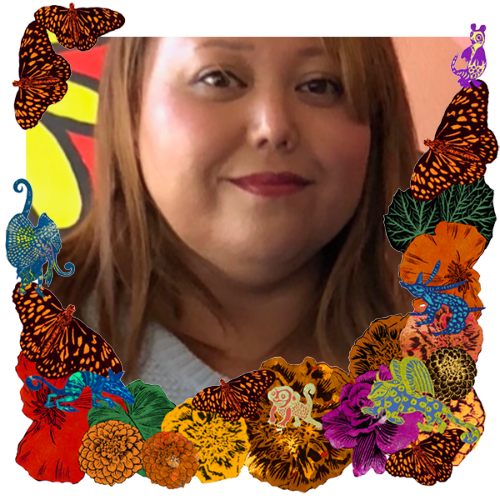 Photo of Claudia Sillas in a frame with marigolds, flowers, alebrijes and monarch butterflies.