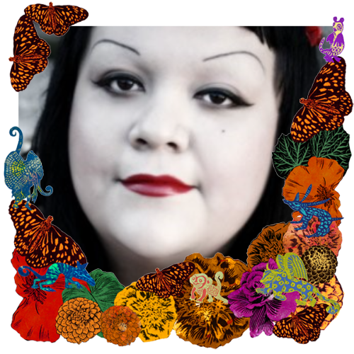 Photo of Claudia Trujillo in a frame with marigolds, flowers, alebrijes and monarch butterflies.