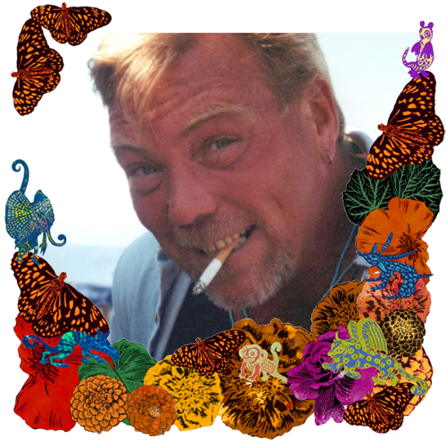 Photo of Clayton Coffey in a frame with marigolds, flowers, alebrijes and monarch butterflies.