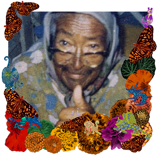 Photo of Concepcion Casas in a frame with marigolds, flowers, alebrijes and monarch butterflies.