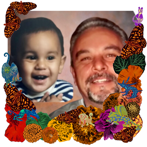 Photo of DJ & Daniel Ruiz in a frame with marigolds, flowers, alebrijes and monarch butterflies.