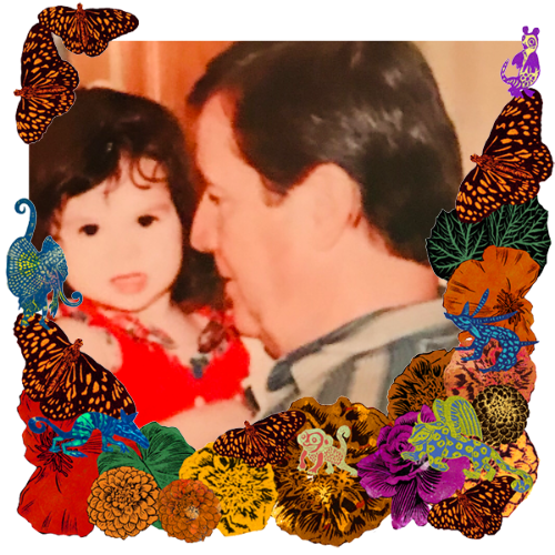 Photo of Dad in a frame with marigolds, flowers, alebrijes and monarch butterflies.