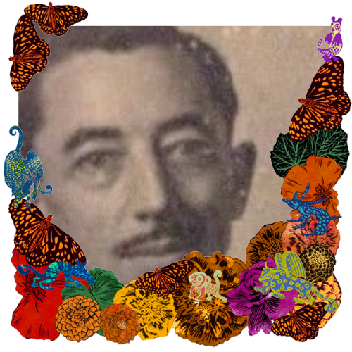 Photo of Dad in a frame with marigolds, flowers, alebrijes and monarch butterflies.