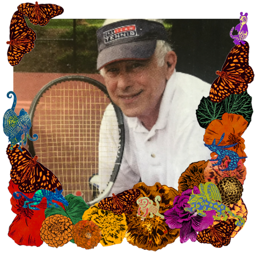 Photo of Daniel in a frame with marigolds, flowers, alebrijes and monarch butterflies.