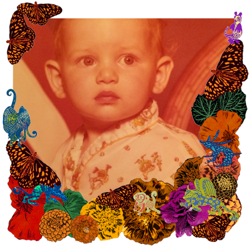 Photo of Danny in a frame with marigolds, flowers, alebrijes and monarch butterflies.