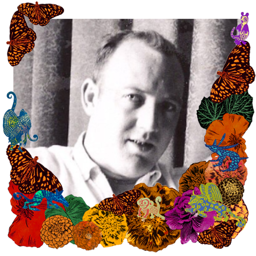 Photo of Danny Hefner in a frame with marigolds, flowers, alebrijes and monarch butterflies.