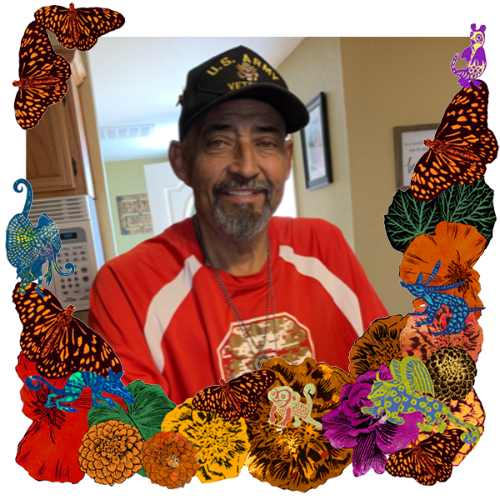 Photo of Danny Michael Rueda in a frame with marigolds, flowers, alebrijes and monarch butterflies.