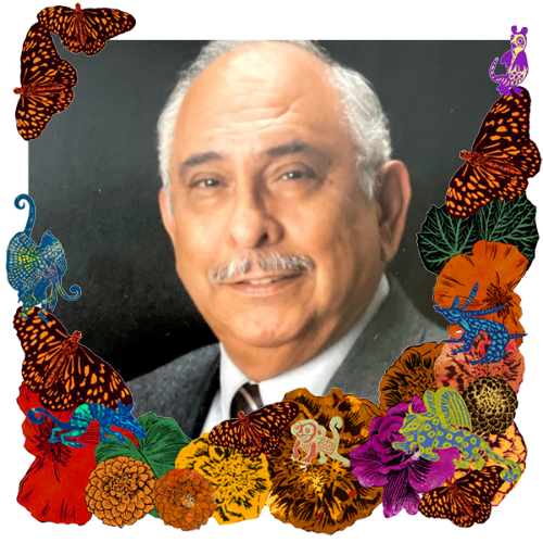 Photo of David Barron in a frame with marigolds, flowers, alebrijes and monarch butterflies.