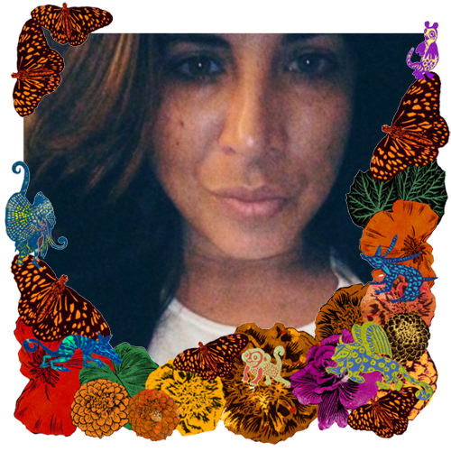 Photo of Deva Overman in a frame with marigolds, flowers, alebrijes and monarch butterflies.