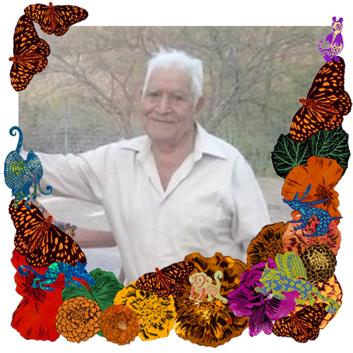 Photo of Don Ezequiel Loza in a frame with marigolds, flowers, alebrijes and monarch butterflies.