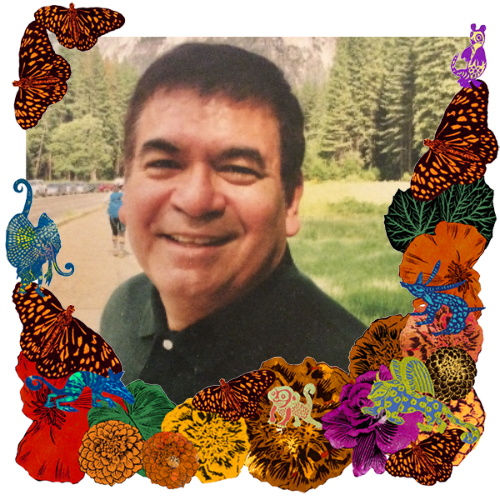 Photo of Don P. Chairez in a frame with marigolds, flowers, alebrijes and monarch butterflies.