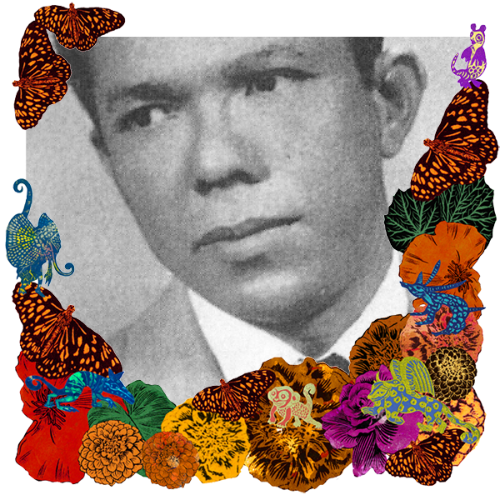 Photo of Don J. Salgado in a frame with marigolds, flowers, alebrijes and monarch butterflies.