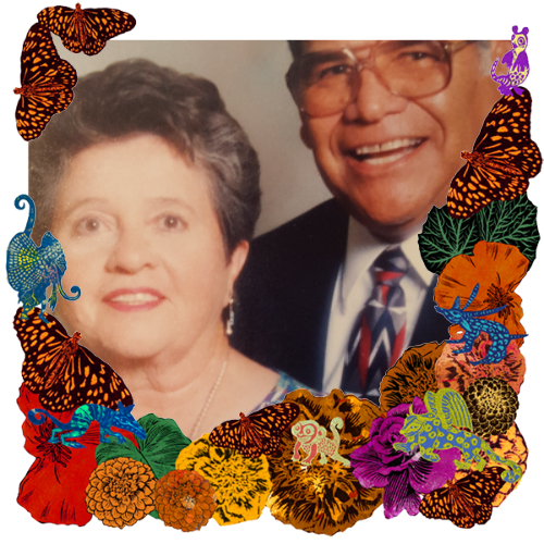 Photo of Dora & Al Padilla in a frame with marigolds, flowers, alebrijes and monarch butterflies.