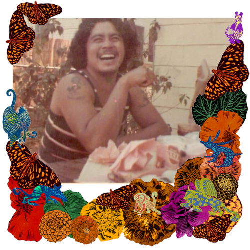 Photo of Doroteo Quiroz in a frame with marigolds, flowers, alebrijes and monarch butterflies.