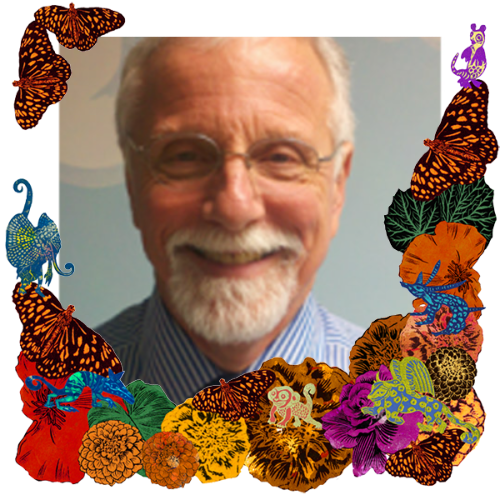 Photo of Dr. Kerry English in a frame with marigolds, flowers, alebrijes and monarch butterflies.