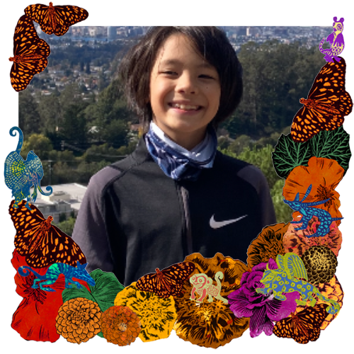 Photo of Dylan Facente Chin in a frame with marigolds, flowers, alebrijes and monarch butterflies.