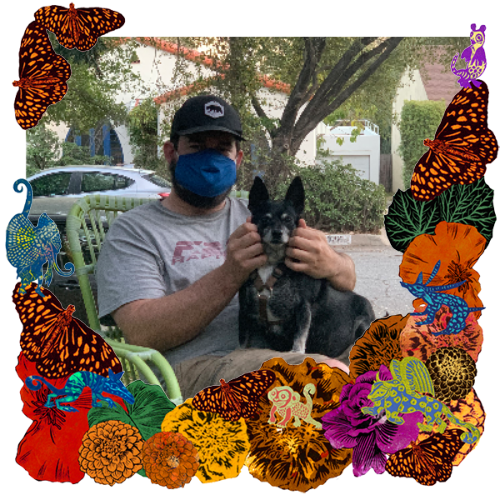 Photo of Dylan and Napoleon in a frame with marigolds, flowers, alebrijes and monarch butterflies.