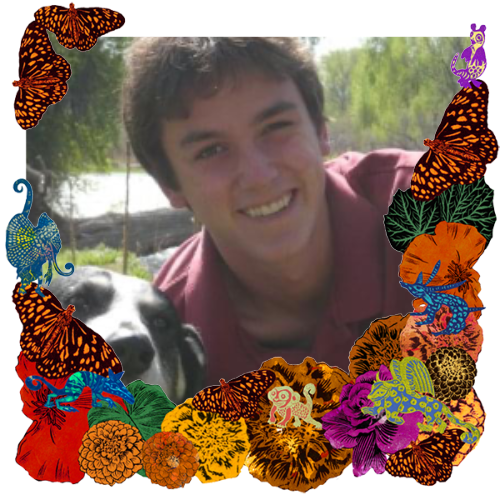 Photo of Dylan T. Martin in a frame with marigolds, flowers, alebrijes and monarch butterflies.