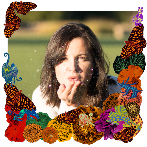 Photo of Ederlen Casillas in a frame with marigolds, flowers, alebrijes and monarch butterflies.