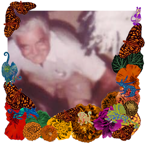 Photo of Edward Jillson in a frame with marigolds, flowers, alebrijes and monarch butterflies.