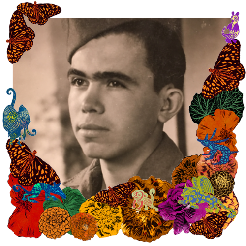 Photo of Efren Baroway in a frame with marigolds, flowers, alebrijes and monarch butterflies.