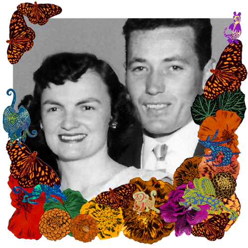 Photo of Eileen and John Mahon in a frame with marigolds, flowers, alebrijes and monarch butterflies.