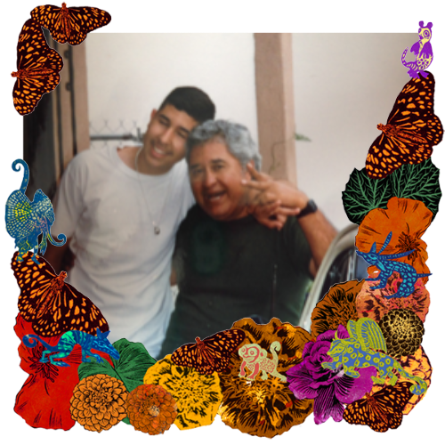 Photo of El Señor Enrique Batres in a frame with marigolds, flowers, alebrijes and monarch butterflies.