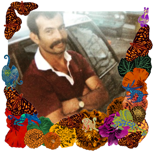 Photo of Eladio Torres in a frame with marigolds, flowers, alebrijes and monarch butterflies.