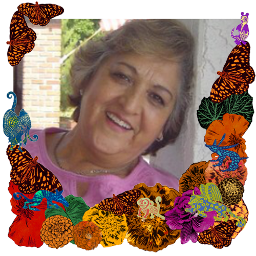Photo of Elida Espinoza in a frame with marigolds, flowers, alebrijes and monarch butterflies.