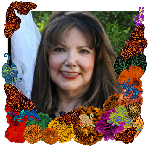 Photo of Elisa Dena in a frame with marigolds, flowers, alebrijes and monarch butterflies.