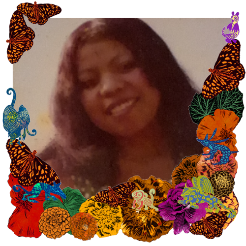 Photo of Elisa in a frame with marigolds, flowers, alebrijes and monarch butterflies.
