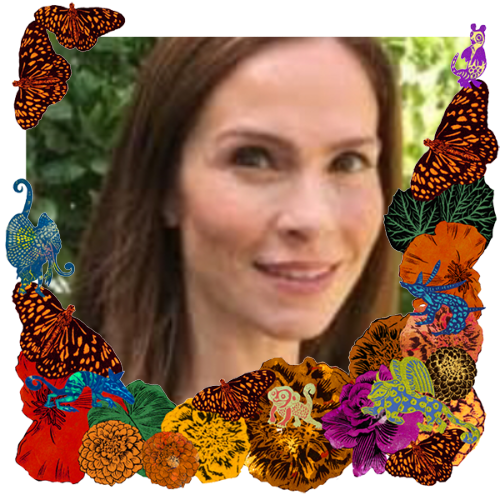 Photo of Elizabeth in a frame with marigolds, flowers, alebrijes and monarch butterflies.