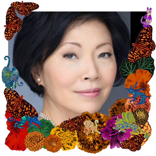Photo of Elizabeth Sung in a frame with marigolds, flowers, alebrijes and monarch butterflies.