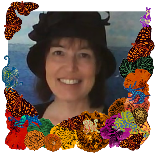 Photo of Elizabeth Victoria Richardson in a frame with marigolds, flowers, alebrijes and monarch butterflies.