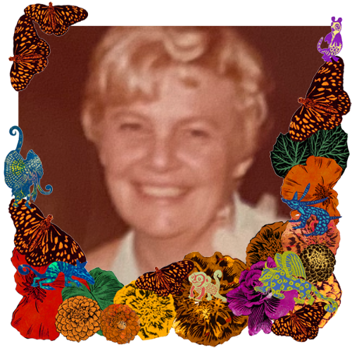 Photo of Elsie Bastrup in a frame with marigolds, flowers, alebrijes and monarch butterflies.