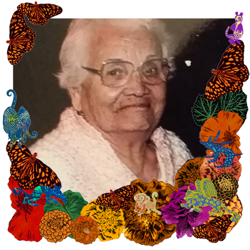 Photo of Elva Salgado in a frame with marigolds, flowers, alebrijes and monarch butterflies.