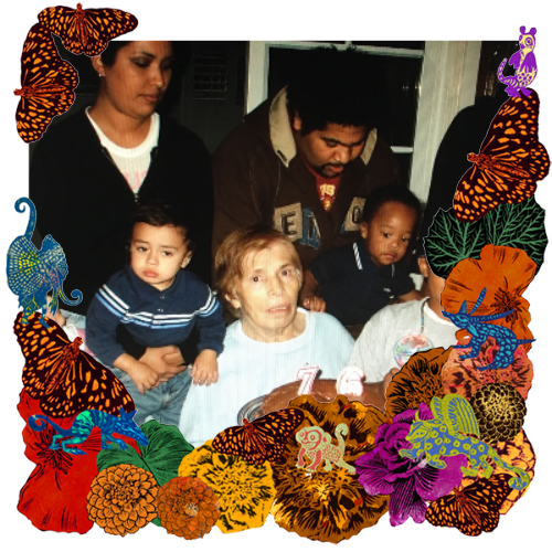 Photo of Elvira L. Ortiz in a frame with marigolds, flowers, alebrijes and monarch butterflies.