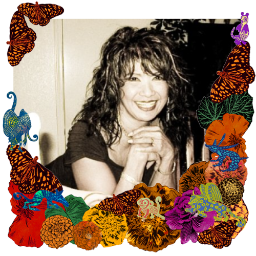 Photo of Elvira Terry in a frame with marigolds, flowers, alebrijes and monarch butterflies.