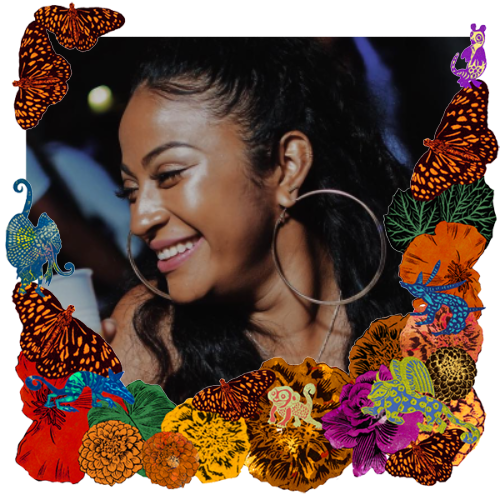Photo of Emi Sagastume in a frame with marigolds, flowers, alebrijes and monarch butterflies.