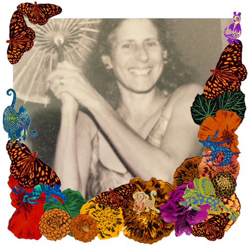 Photo of Emily in a frame with marigolds, flowers, alebrijes and monarch butterflies.