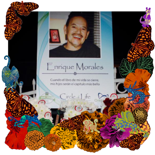 Photo of Enrique Morales in a frame with marigolds, flowers, alebrijes and monarch butterflies.