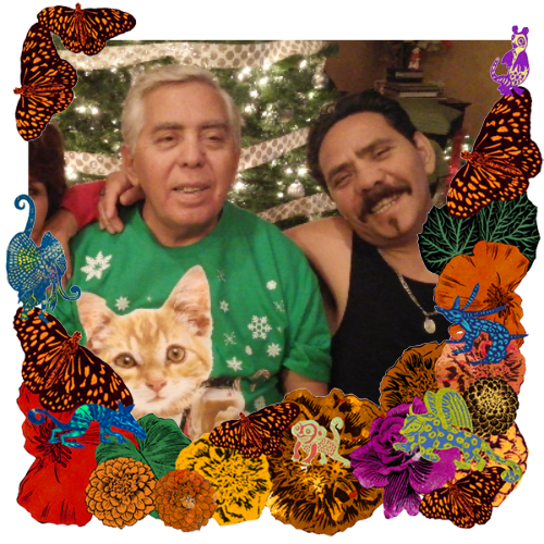 Photo of Enrique y Raul in a frame with marigolds, flowers, alebrijes and monarch butterflies.