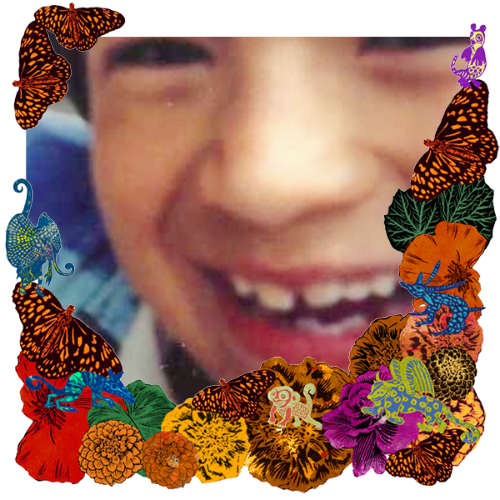 Photo of Eric Baldizon in a frame with marigolds, flowers, alebrijes and monarch butterflies.