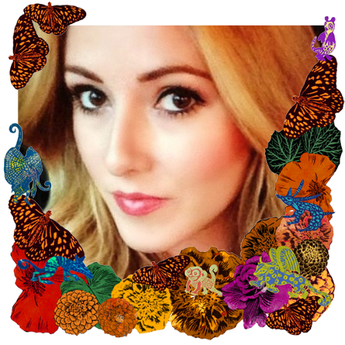 Photo of Erika Rose Littell in a frame with marigolds, flowers, alebrijes and monarch butterflies.